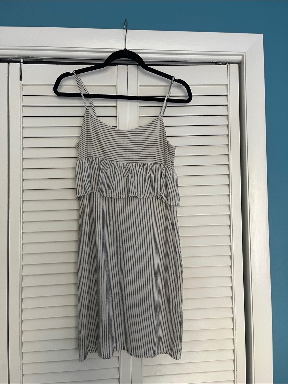 Striped Ruffle-Front Spaghetti Strap Dress - Gray/White